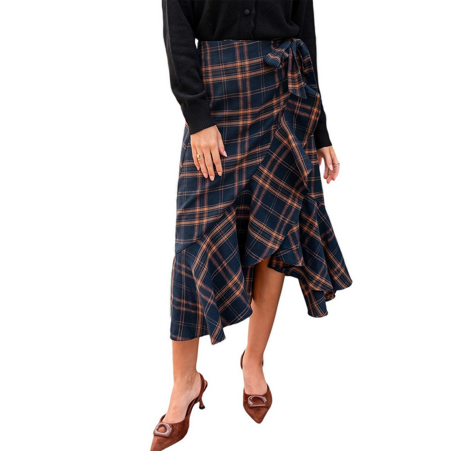 Women's Extra Credit Plaid High-Waisted Asymmetrical Midi Skirt