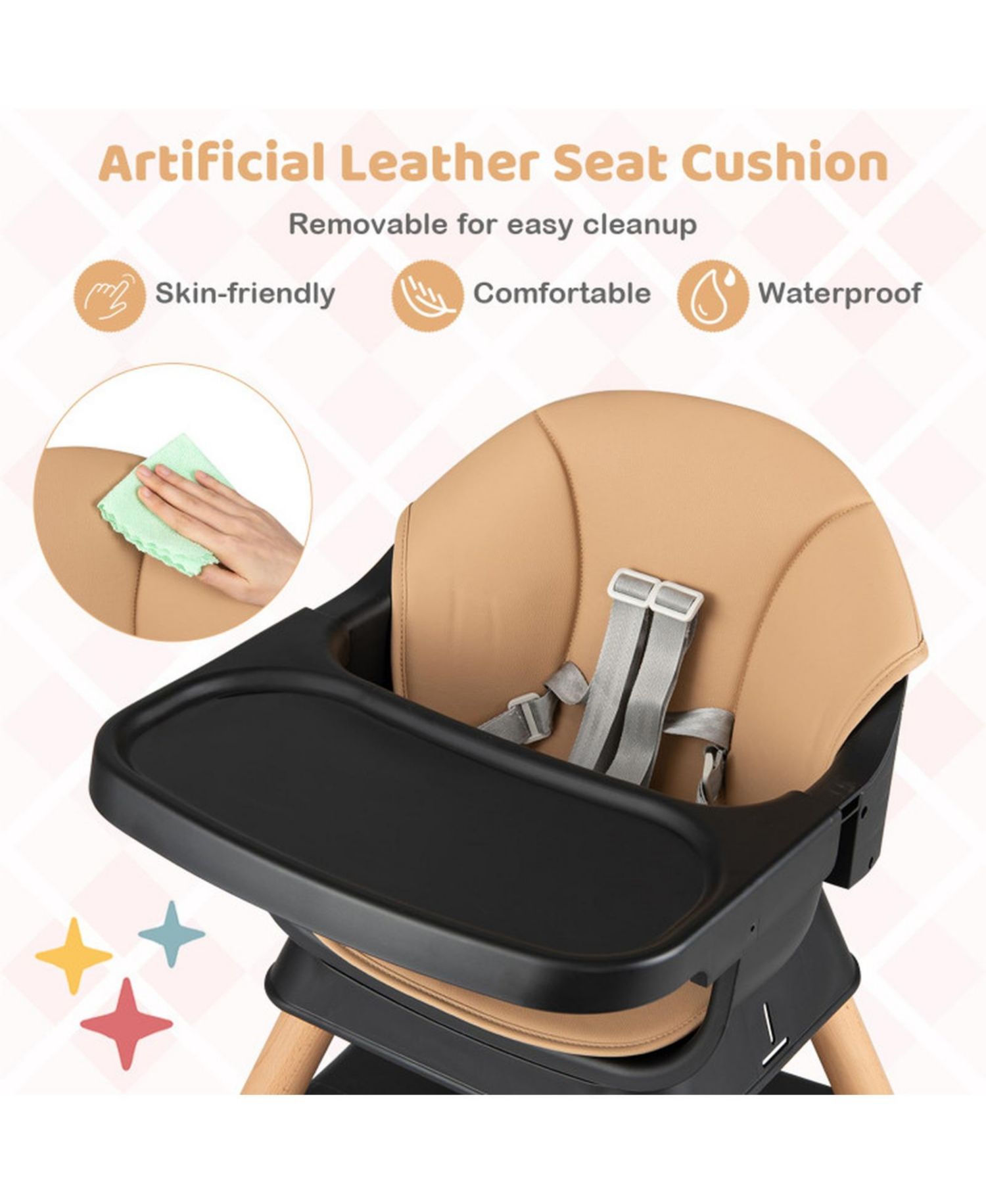 Convertible High Chair with Solid Wood Legs and 5-Point Harness