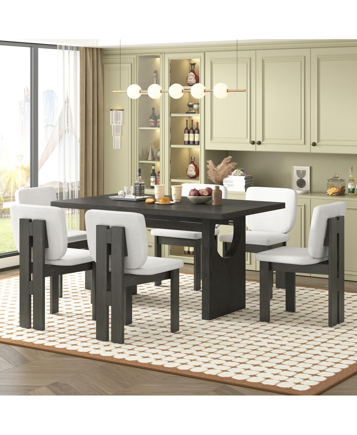 Streamdale Furniture Streamdale 7-Piece Retro Wood Dining Table Set for 6 with Upholstered Chairs