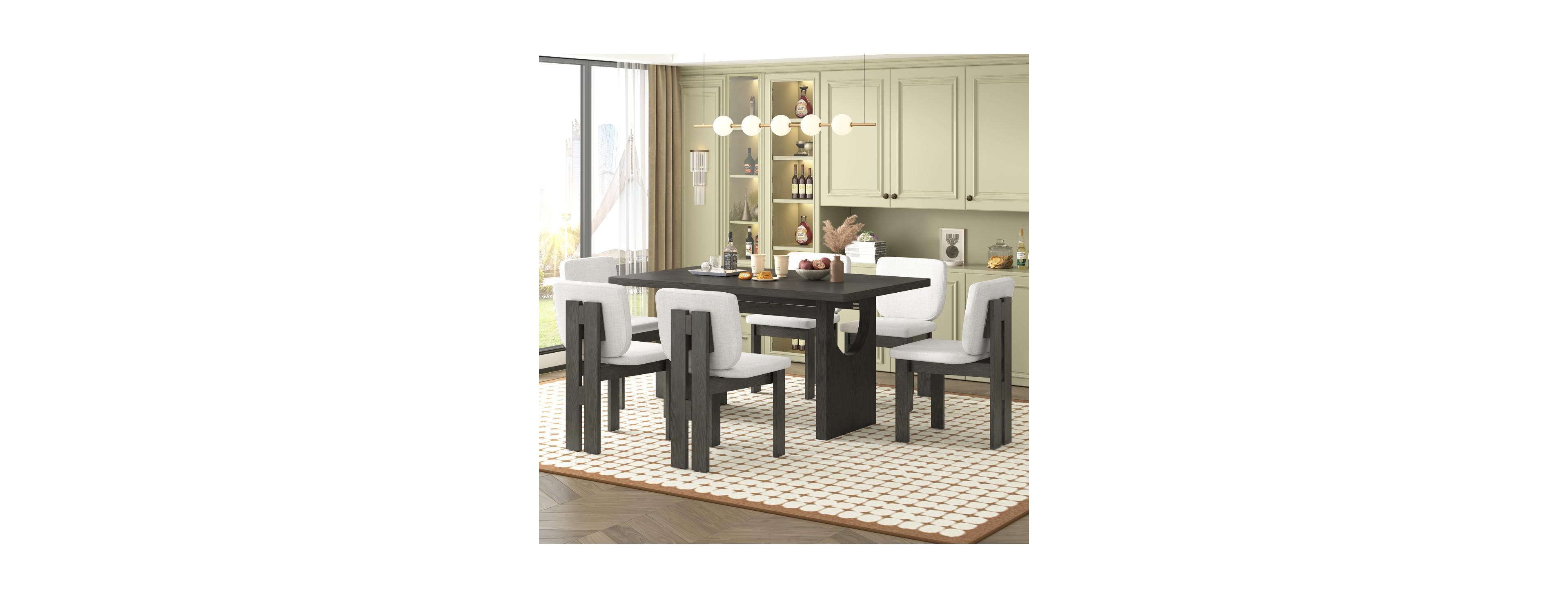 Streamdale Furniture Streamdale 7-Piece Retro Wood Dining Table Set for 6 with Upholstered Chairs
