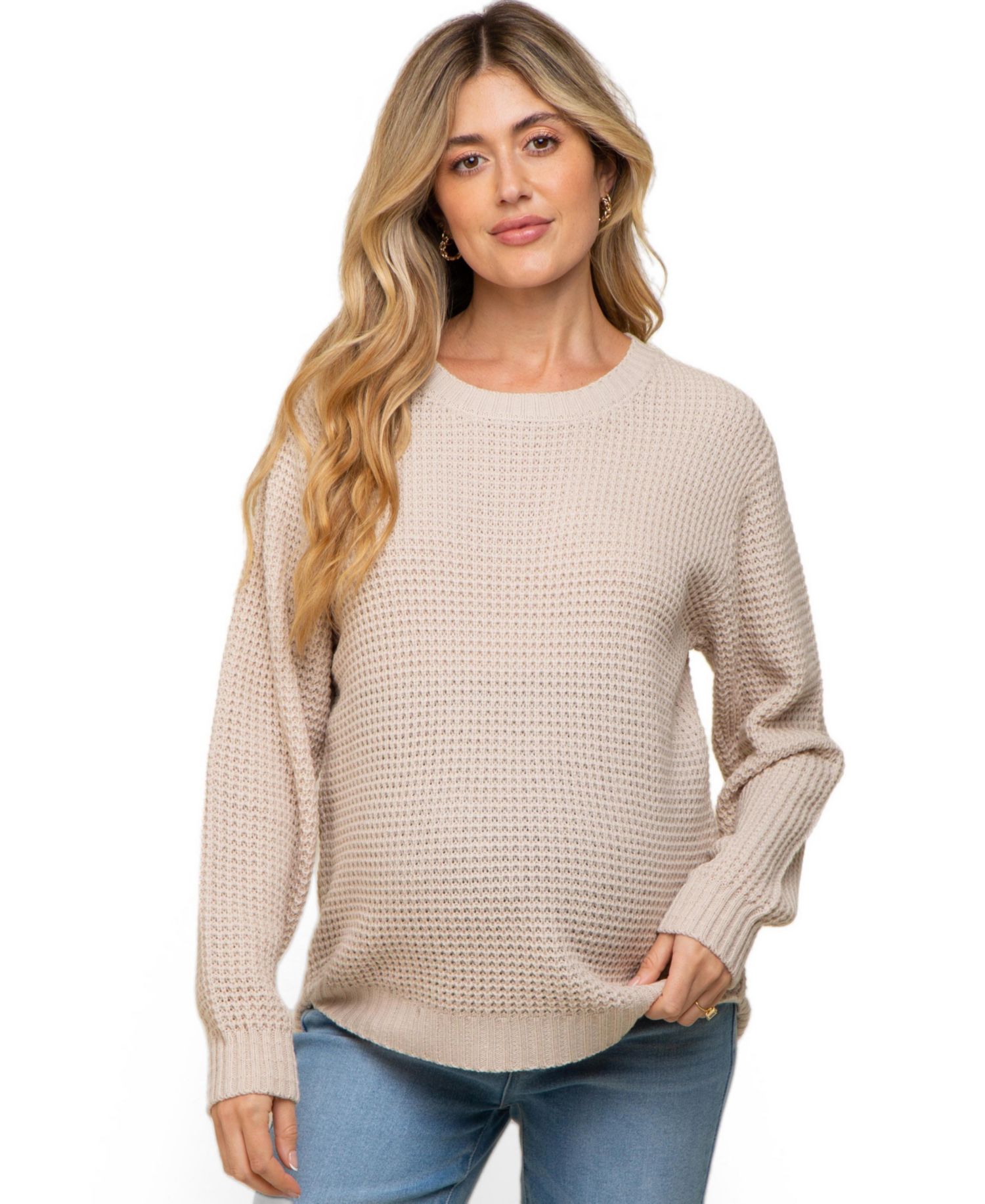 Women's Beige Waffle Knit Round Hem Sweater