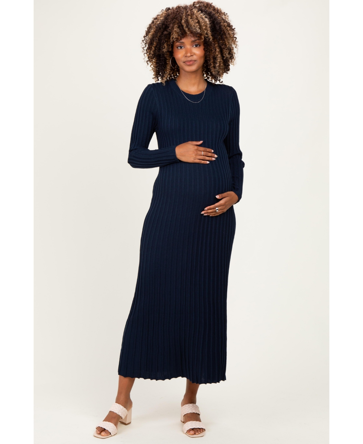 Pinkblush Maternity Long-Sleeve Ribbed Crewneck Sweater Midi Dress - Navy blue
