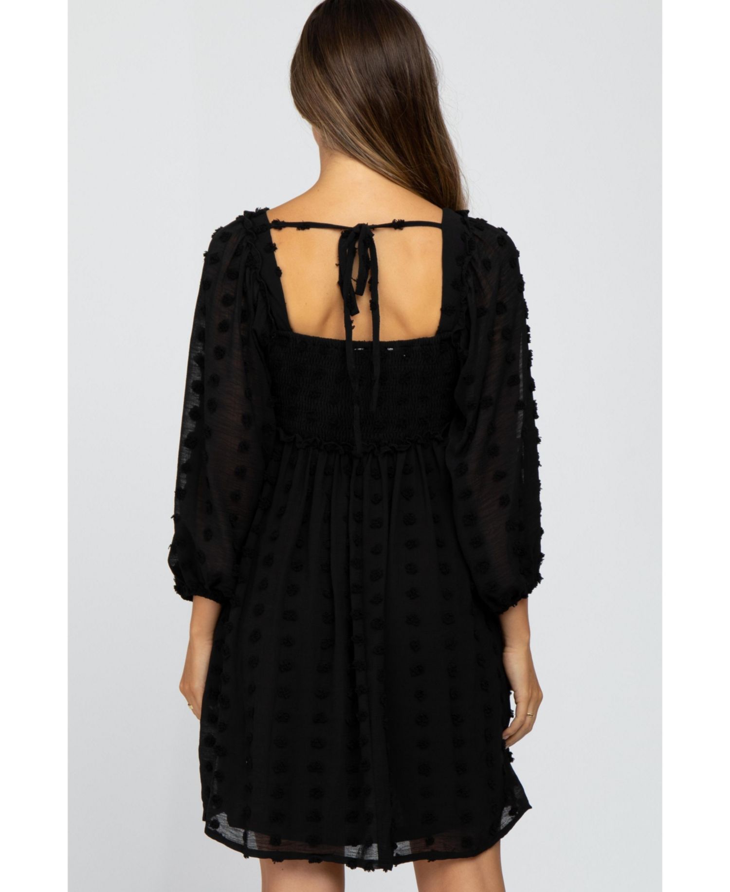 Women's Black Textured Dot Smocked Square Neck Chiffon Dress