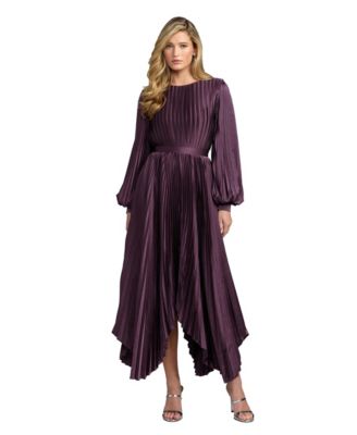 Women's Long Sleeve Pleated Charmeuse Handkerchief Midi Dress