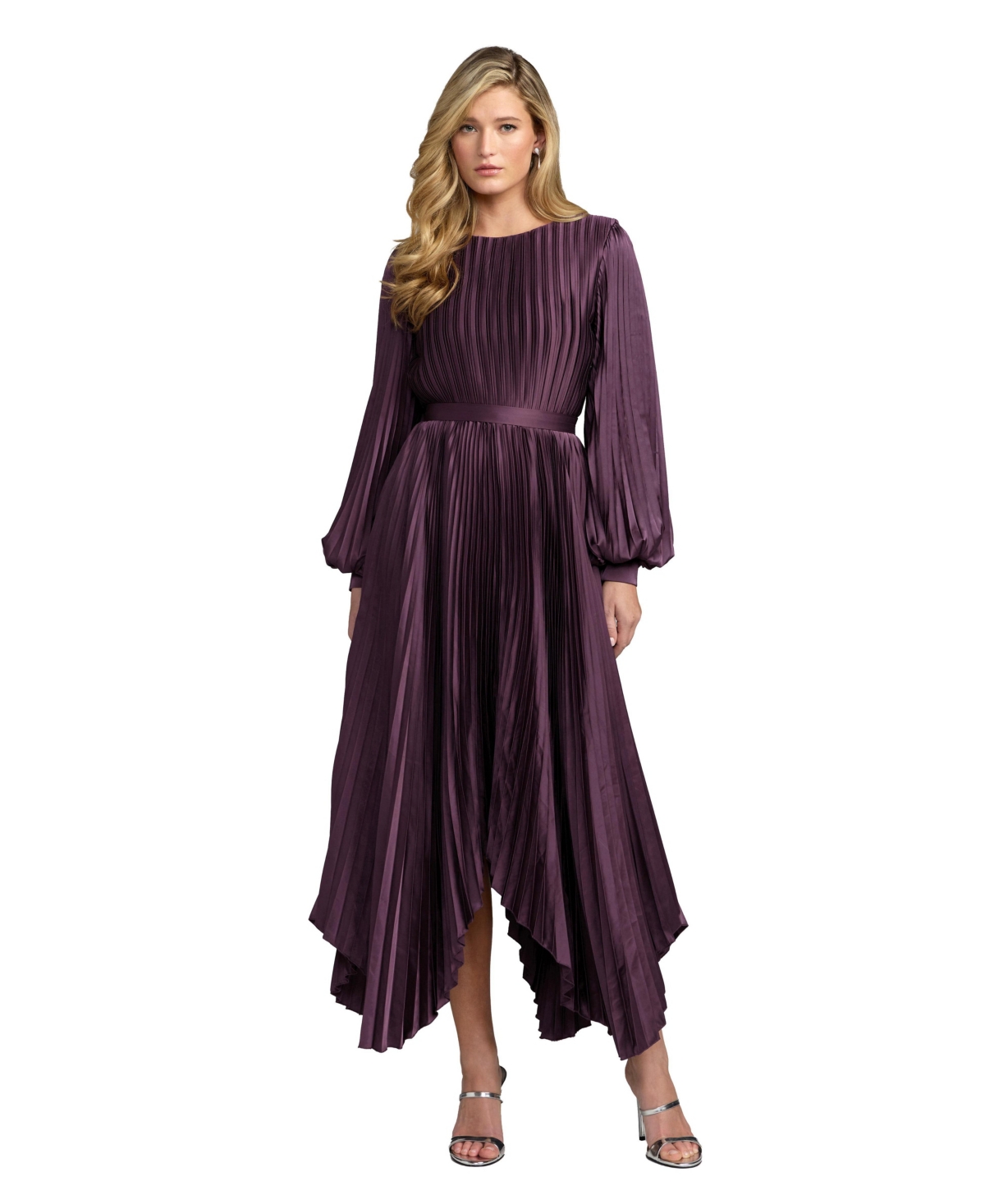 Mac Duggal Women's Long Sleeve Pleated Charmeuse Handkerchief Midi Dress
