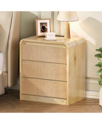 25" Tall Fluted Nightstand with Charging Station, 3 Drawers Wood Bedside Table , Sturdy Scratch-Resistant End Table for Bedroom, Home Decor