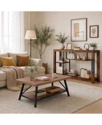 Industrial Farmhouse Living Room Set - Narrow Console Table and 39" Coffee Table, Multi-Tier Storage Shelves, Metal Frame and Wood-Grain Top
