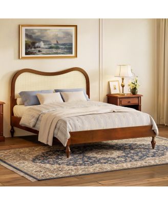 Mid-Century Rattan Queen Platform Bed Frame with Finish