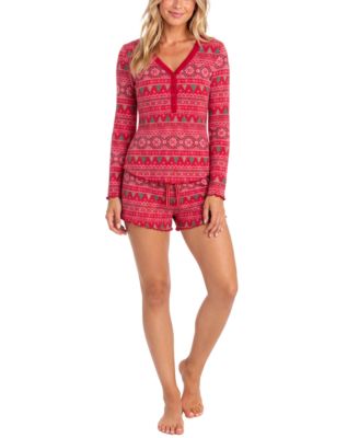 Women's Wonderluxe Long-Sleeve V-Neck Top and Shorts, 2-Piece Set