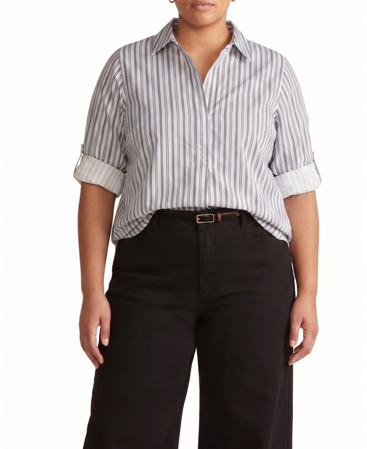 Universal Standard Plus Size Button Back Stretch Cupro Polo Shirt - Smokey blue stripe