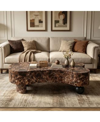 Faux Travertine Modern Irregular Coffee Table with Hidden Storage