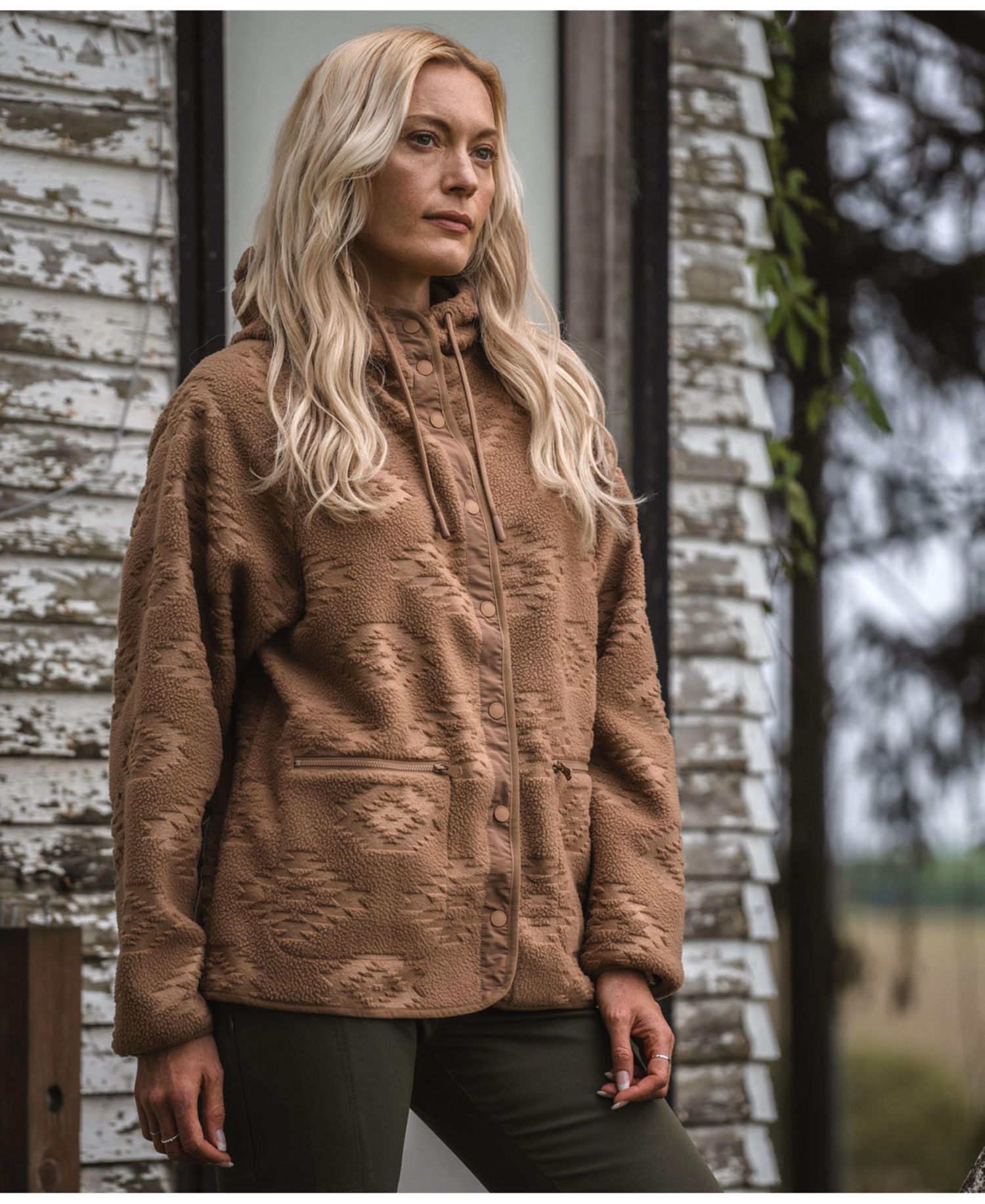 Women's Embossed Snap Front Fleece Hooded Jacket