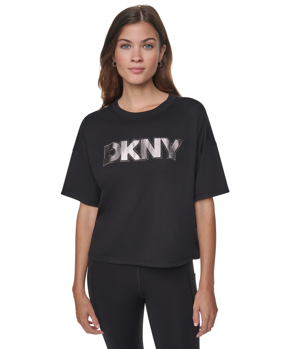 Dkny Sport Women's Foil Rhinestone Logo Dropped-Shoulder T-Shirt