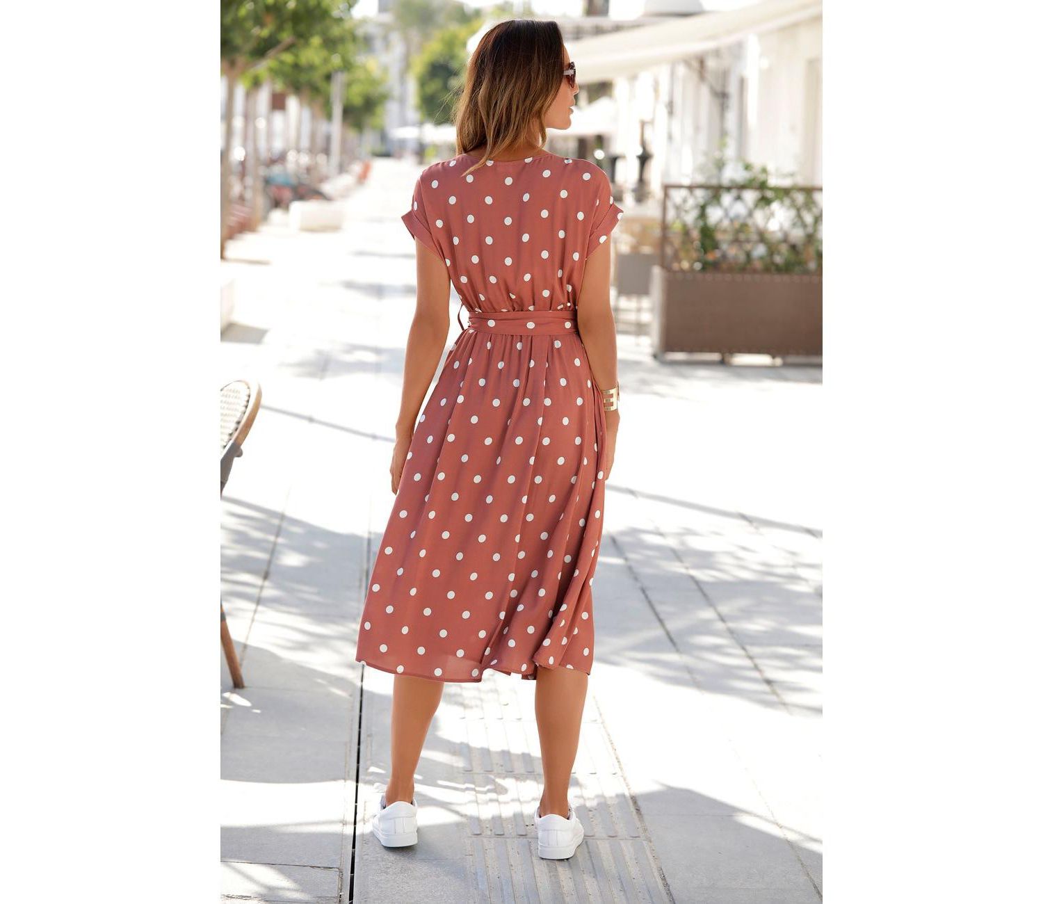 Women's Polka-Dot Short-Sleeve Belted Midi Dress