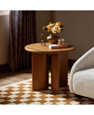 Finish Pine Wood Round Side Table with Fan-Shaped Legs