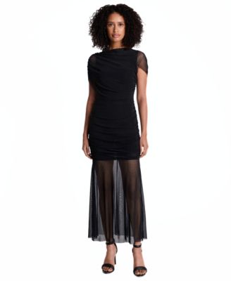 Women's Sheer Overlay Ruched Maxi Dress