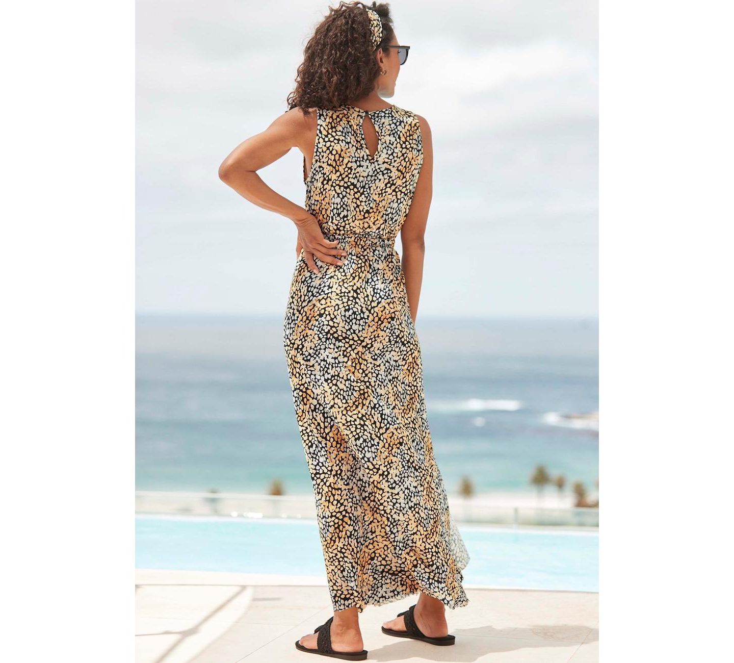 Женское платье Lascana Viscose Printed Side Slit Column Elastic-Waist Maxi, цвет: Чёрный / Жёлтый — фото 3