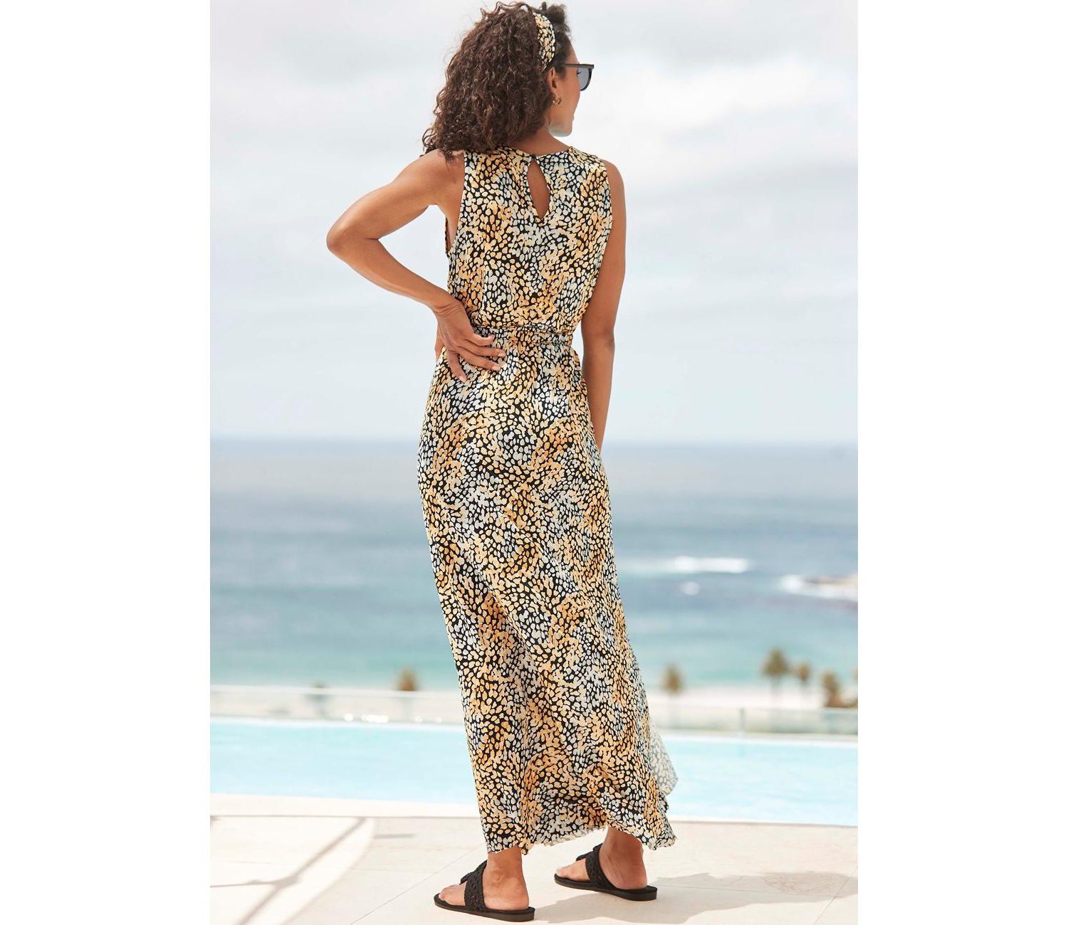 Women's Viscose Printed Side Slit Column Elastic-Waist Maxi Dress