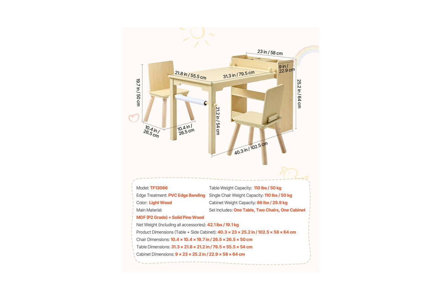 Детские игрушки YOBTOP Kids Art Table with 3-Tier Storage Paper-Roll Holder 3-Piece Activity Desk with 2 Chairs, Ages 2+, цвет: Коричневый — фото 3