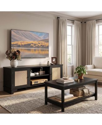 62" Rattan Living Room Set With TV Stand and Coffee Table Farmhouse Boho Style MDF Wood Grain Finish Fits TVs Up To 65" With Storage Shelf