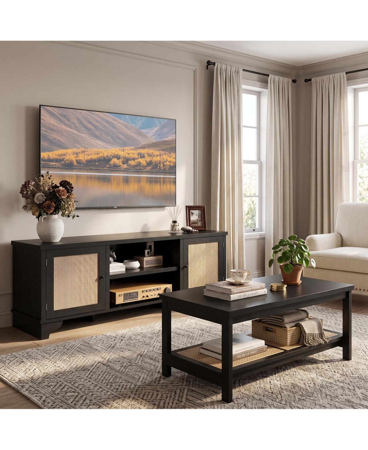 homfan 62" Rattan Living Room Set With Tv Stand and Coffee Table Farmhouse Boho Style Mdf Wood Grain Finish Fits TVs Up To 65" Storage Shelf