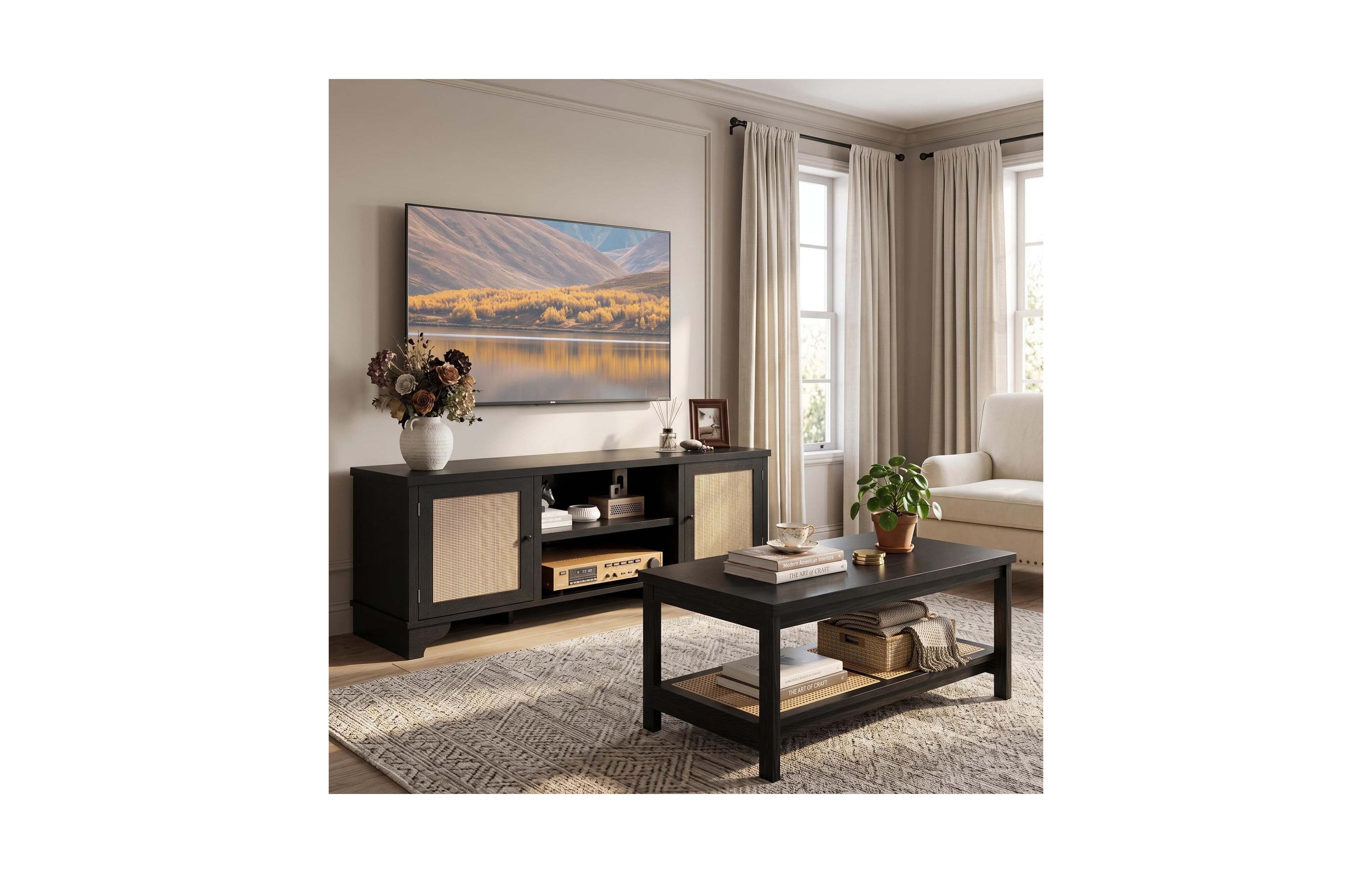 homfan 62" Rattan Living Room Set With Tv Stand and Coffee Table Farmhouse Boho Style Mdf Wood Grain Finish Fits TVs Up To 65" Storage Shelf