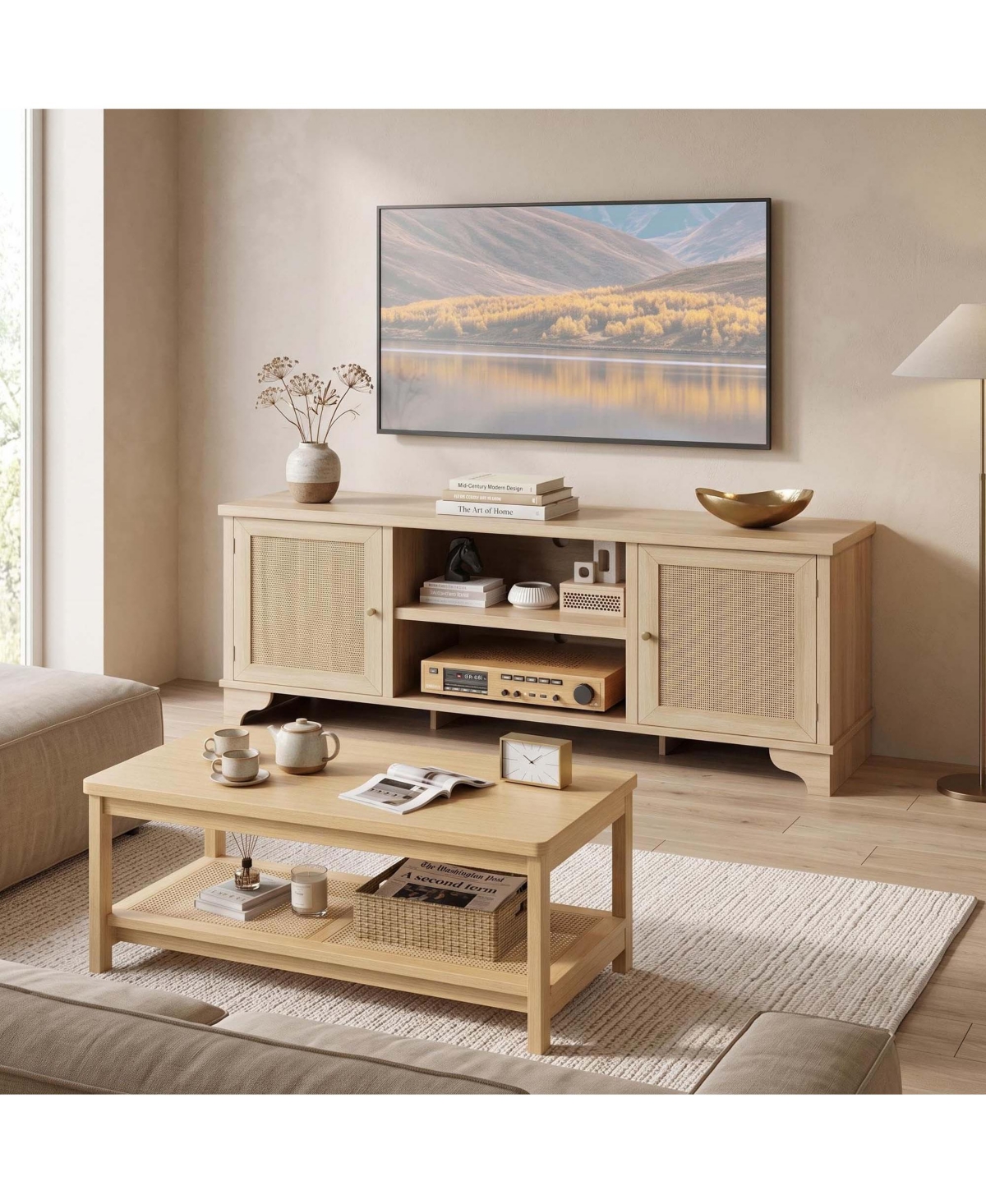 homfan 62" Rattan Living Room Set With Tv Stand and Coffee Table Farmhouse Boho Style Mdf Wood Grain Finish Fits TVs Up To 65" With Storage Shelf - Ye