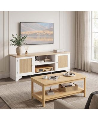 62" Rattan Living Room Set With TV Stand and Coffee Table Farmhouse Boho Style MDF Wood Grain Finish Fits TVs Up To 65" With Storage Shelf