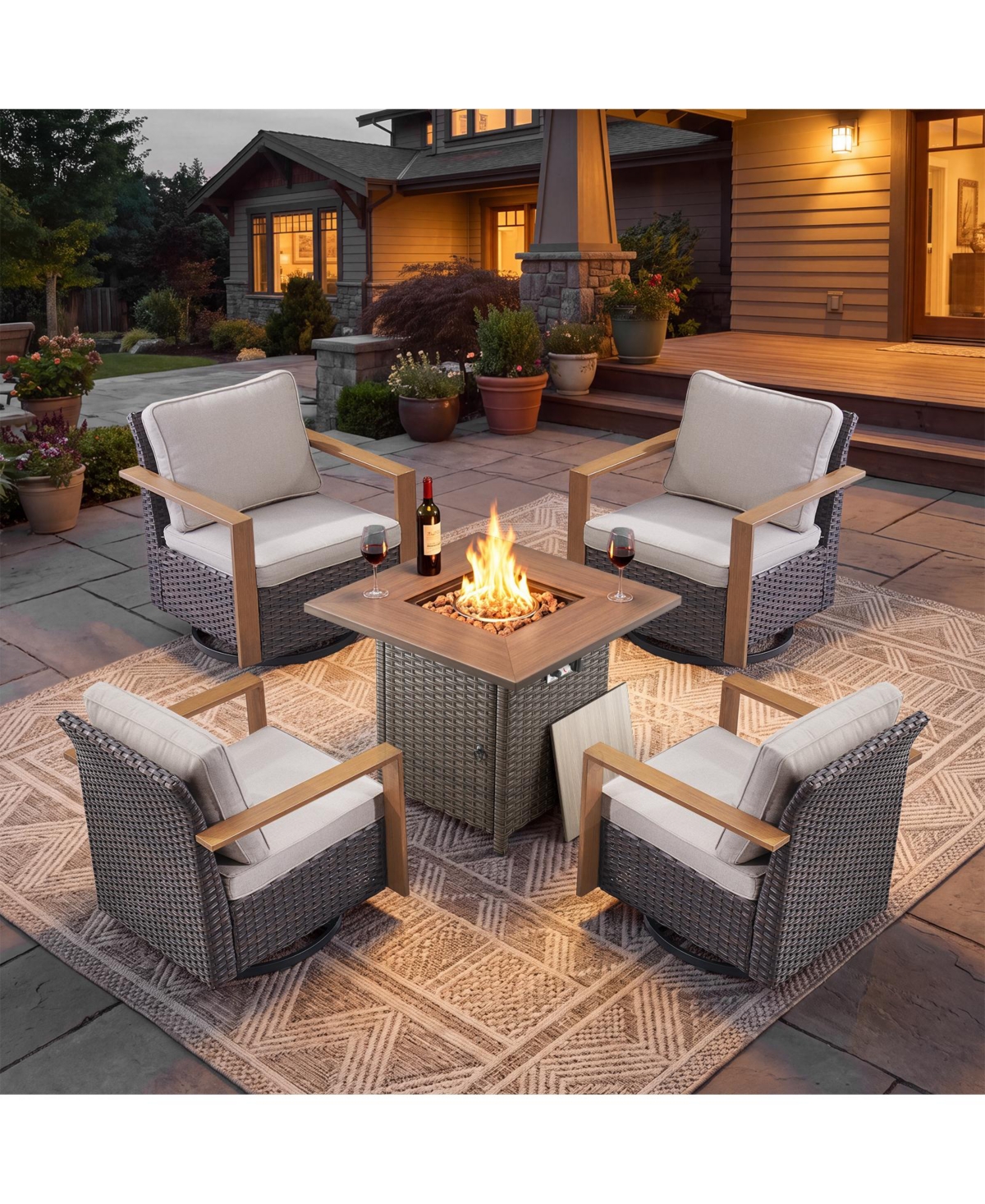 Pocassy 5 Piece Patio Furniture Set with Fire Pit Table