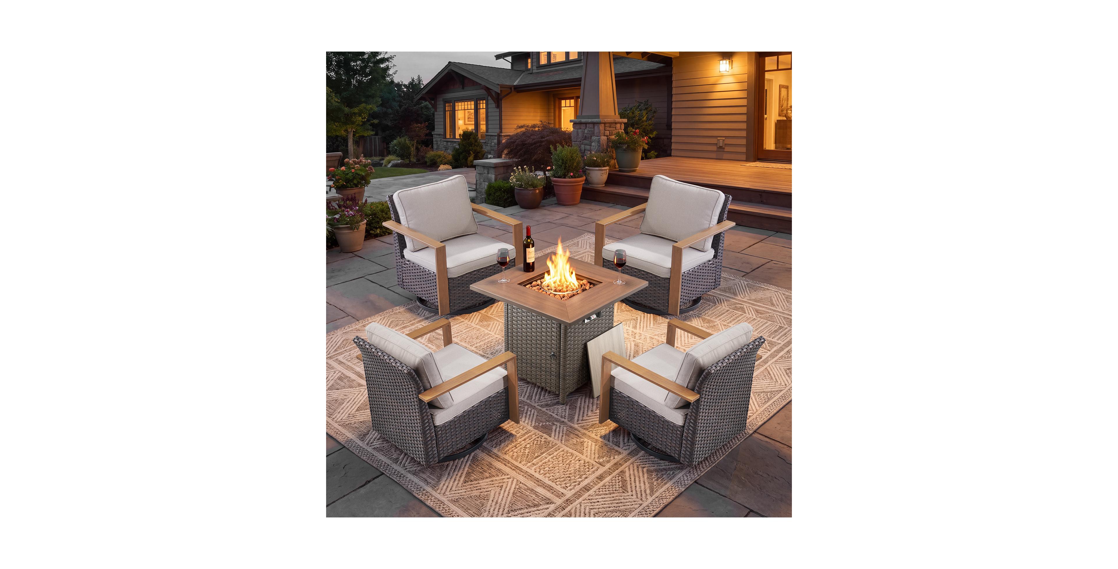 Pocassy 5 Piece Patio Furniture Set with Fire Pit Table