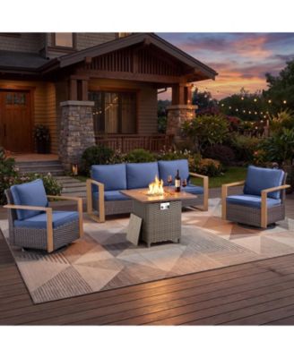 4 Piece Outdoor Patio Furniture Set with Swivel Rocking Chairs, 3-Seat Sofa and Rattan Fire Pit Table