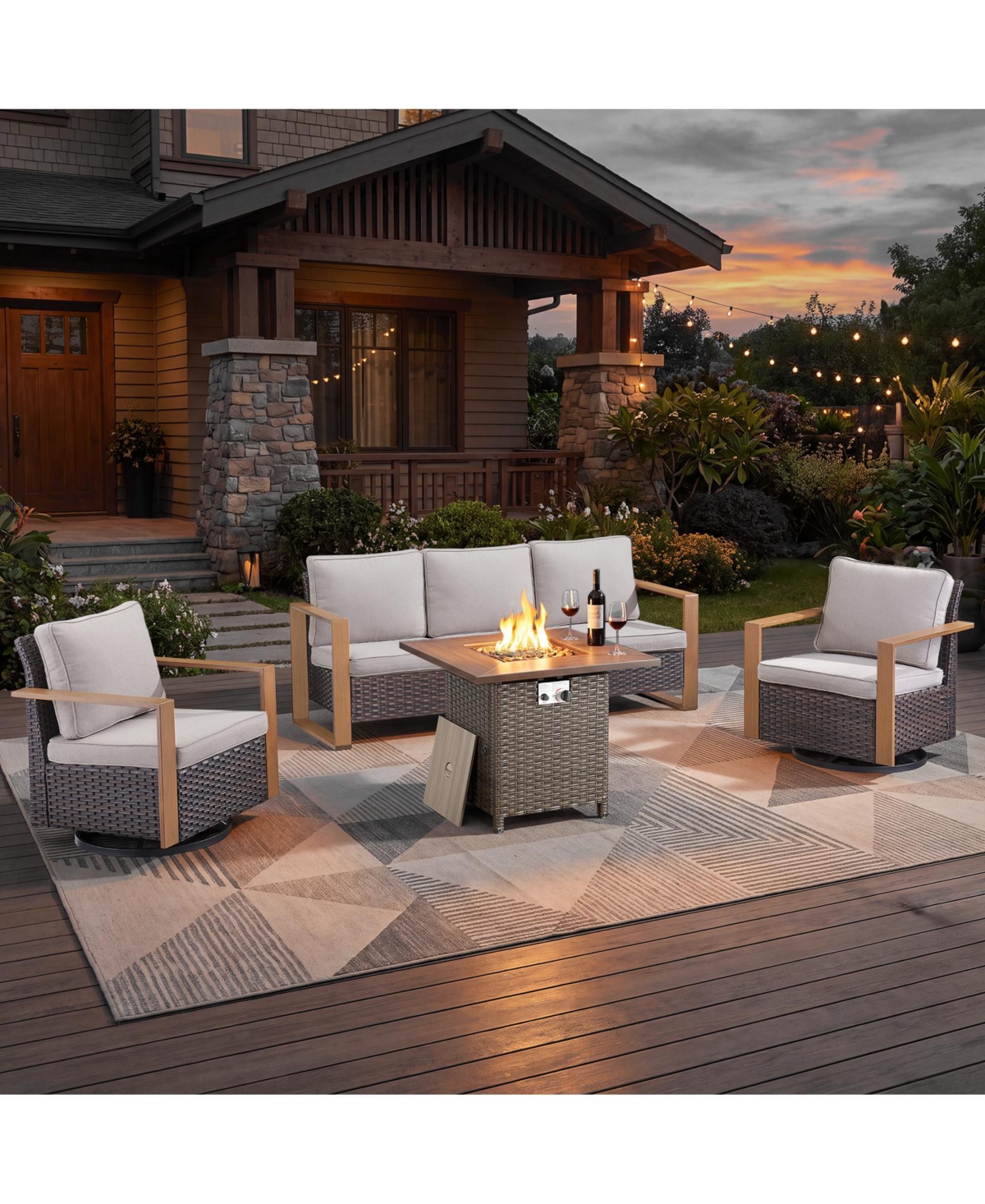 Pocassy 4 Piece Outdoor Patio Furniture Set with Swivel Rocking Chairs, 3-Seat Sofa and Rattan Fire Pit Table