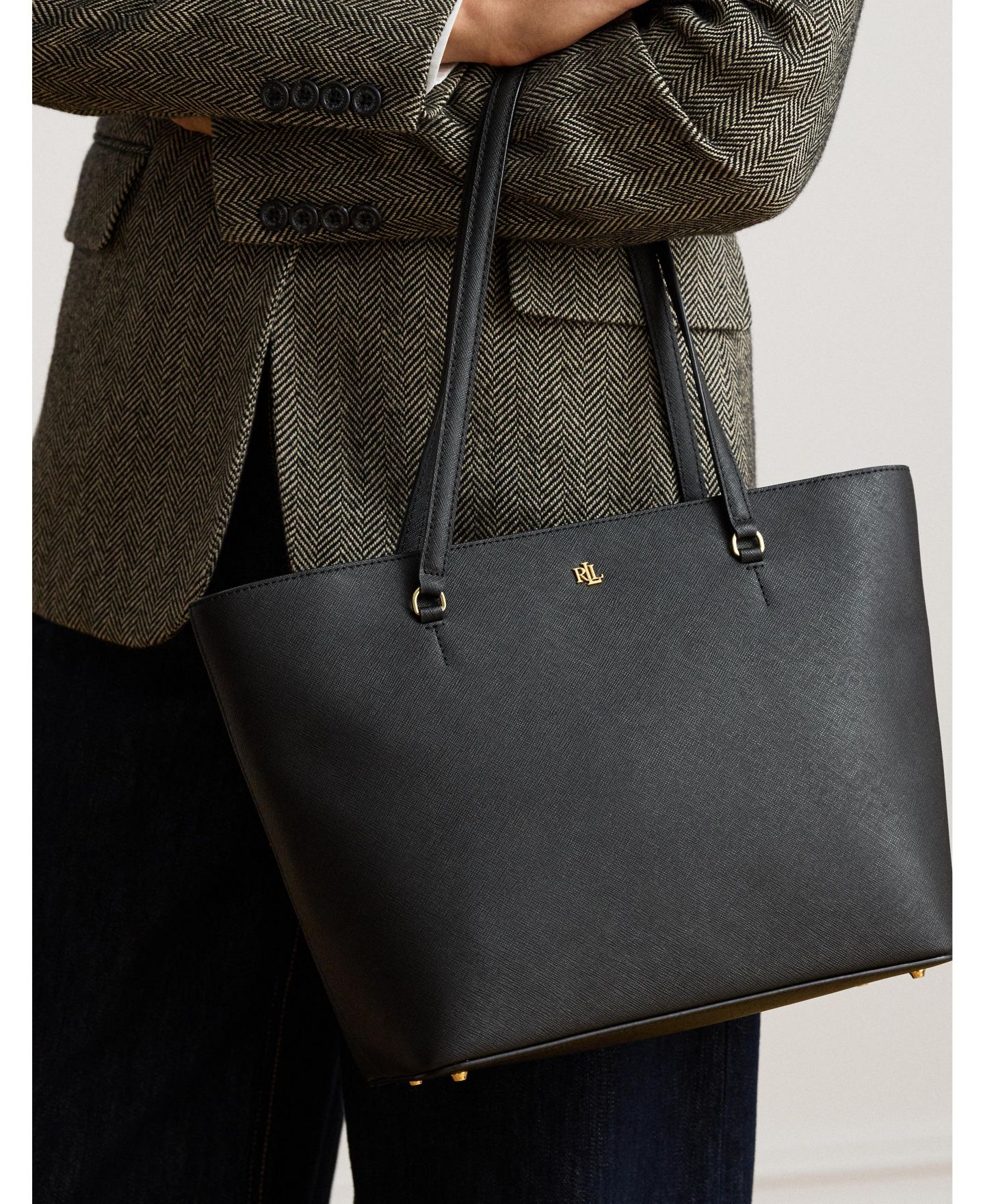 Сумка Lauren Ralph Lauren Crosshatch Leather Medium Karly Shopper Tote, цвет: Чёрный — фото 2