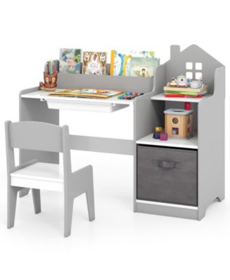 Kids Study Desk and Chair Set with Open Shelves Drawer and Fabric Storage Bin
