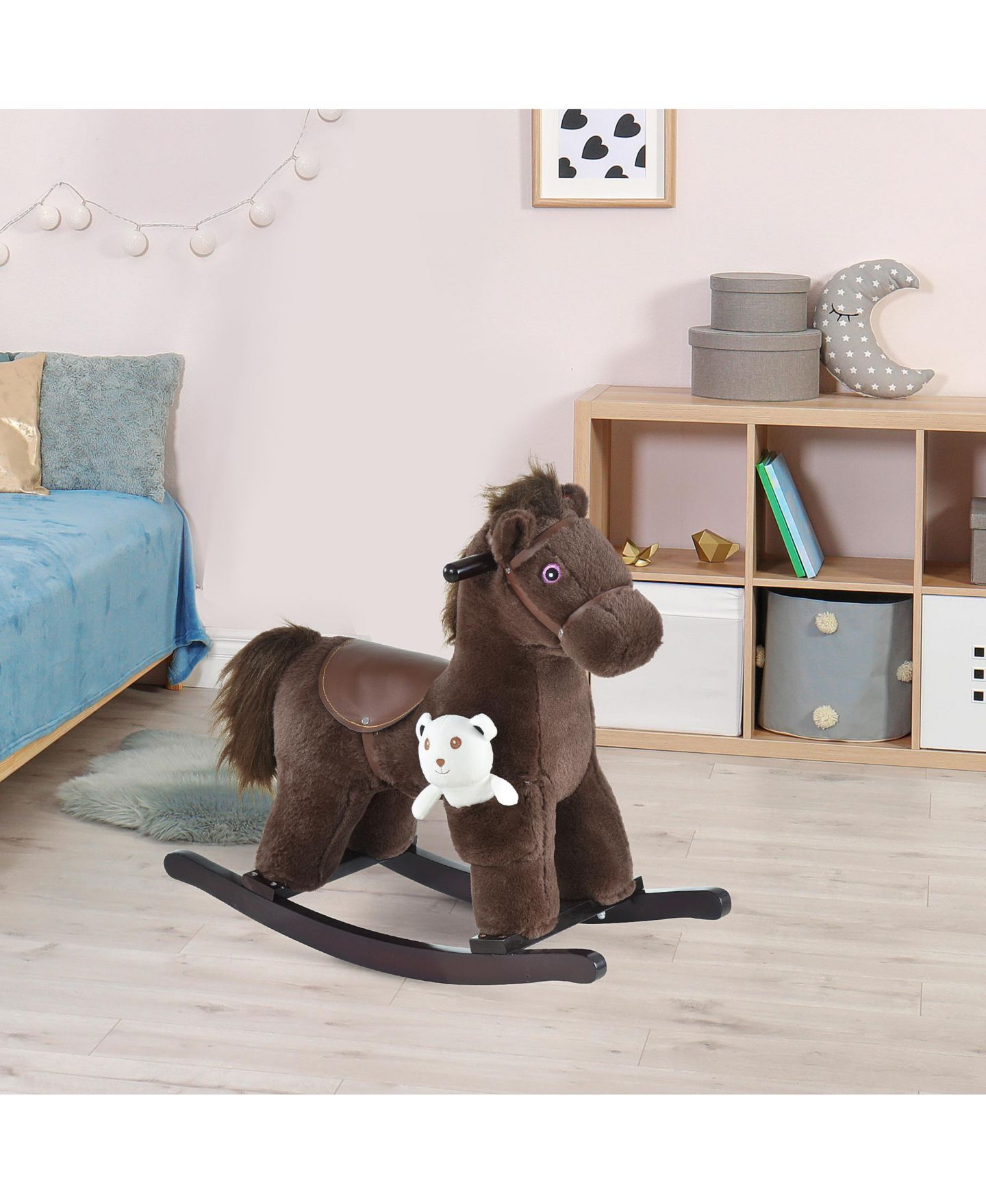 Детская мягкая игрушка Glintex Kids Plush Ride-On Rocking Horse with Bear Toy, Toddler Rocking Chair with Realistic Sounds and Wood Runners for Ages 3 and Up, Holds 66 lbs, цвет: Коричневый — фото 8