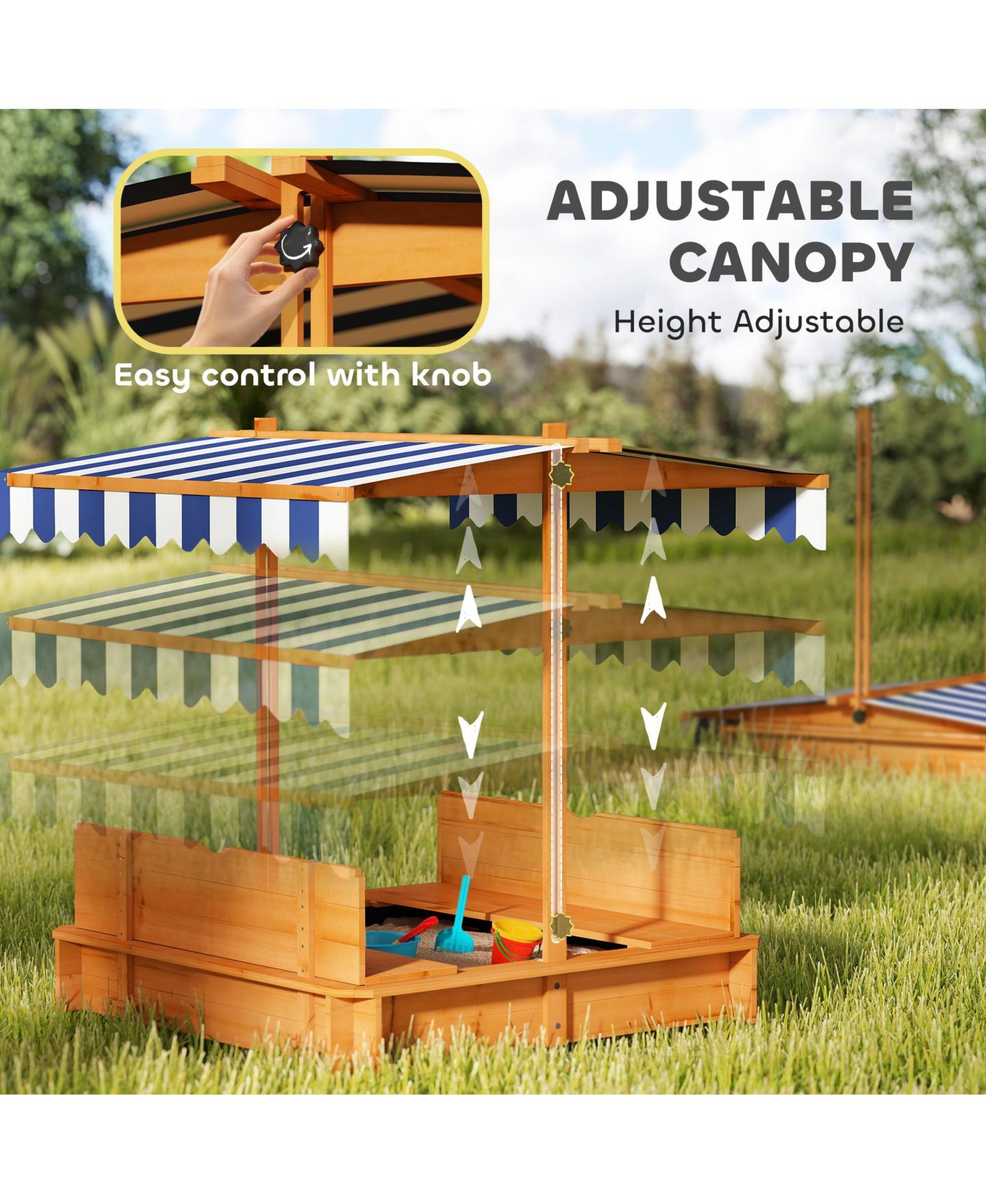 Детская игрушка Glintex Wooden Kids Sandbox with Adjustable Canopy, Foldable Bench Seats and Bottom Liner, 41.7" Square, 45.3" Tall, Ages 2+, цвет: Коричневый — фото 4