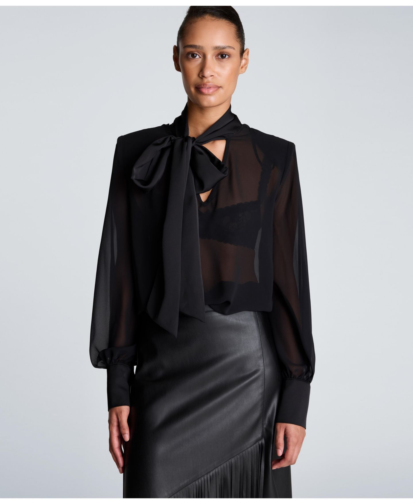 Женская блузка Kenneth Cole Tie-Neck Sheer Balloon-Sleeve, цвет: Чёрный — фото 2