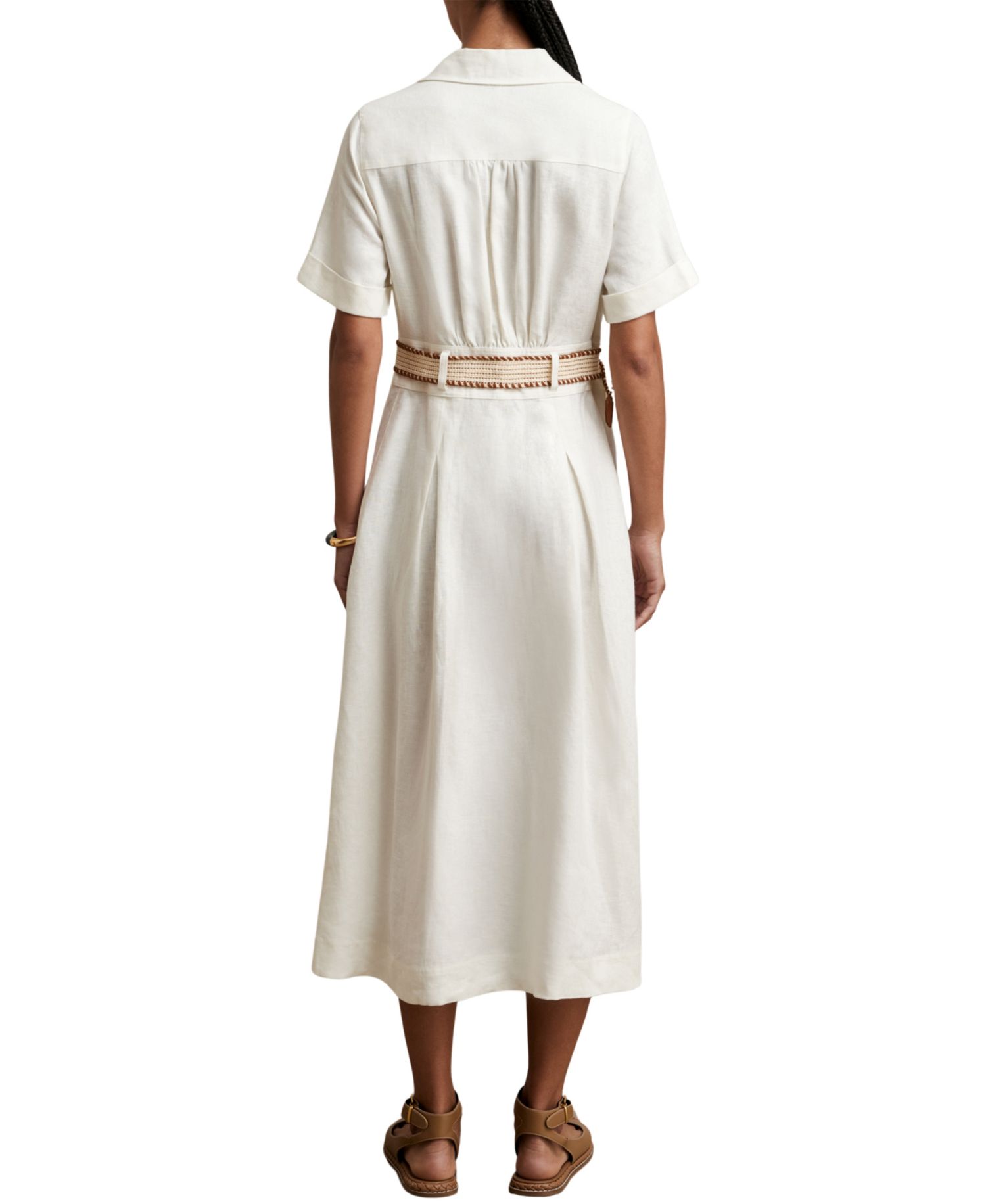 Women's Anita Belted V-Neck Short-Sleeve Linen Midi Dress