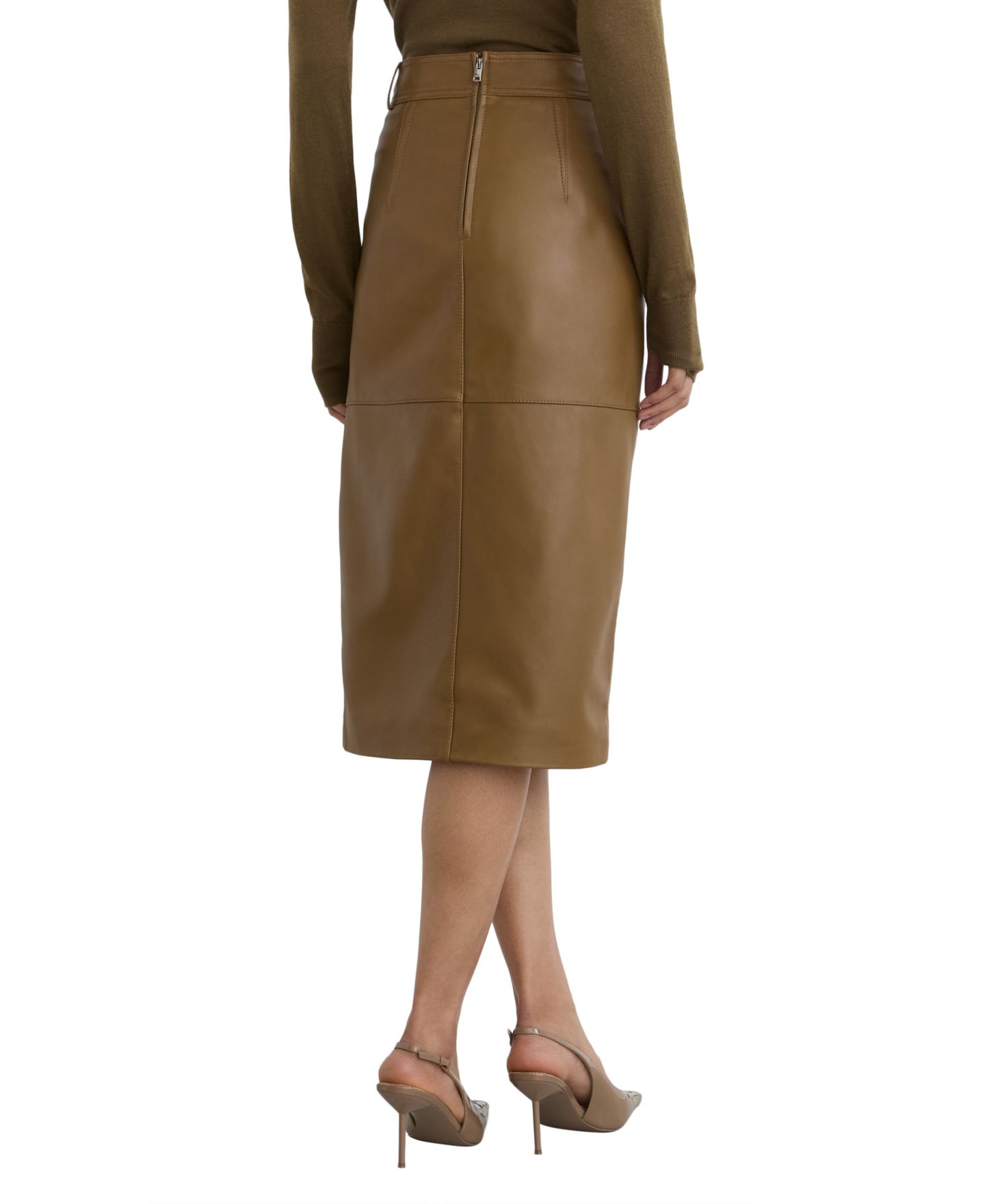 Женская юбка REISS Milly High-Waisted Leather Midi Pencil, цвет: Хаки — фото 3