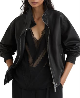 Petite Cara Leather Funnel-Neck Oversized Bomber Jacket