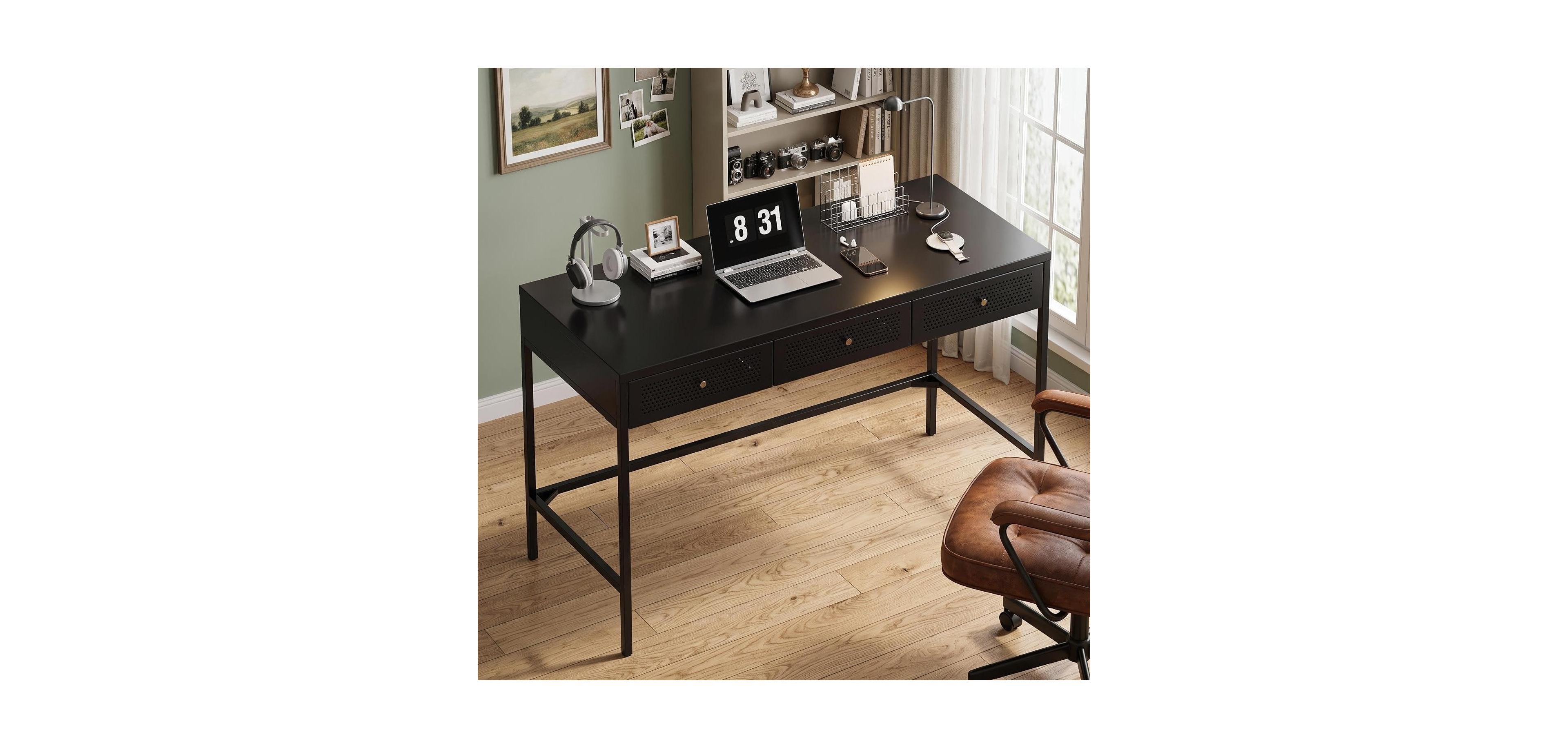 gaomon 47-In Sophisticated Home Office Desk with 3 Steel Drawers, Professional Grade Writing Workstation 220-Lb Load Capacity and X-Bracing