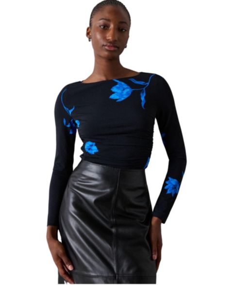 Женский топ Whistles Long-Sleeve Boat-Neck Ruched-Side, цвет: Чёрный / Разноцветный