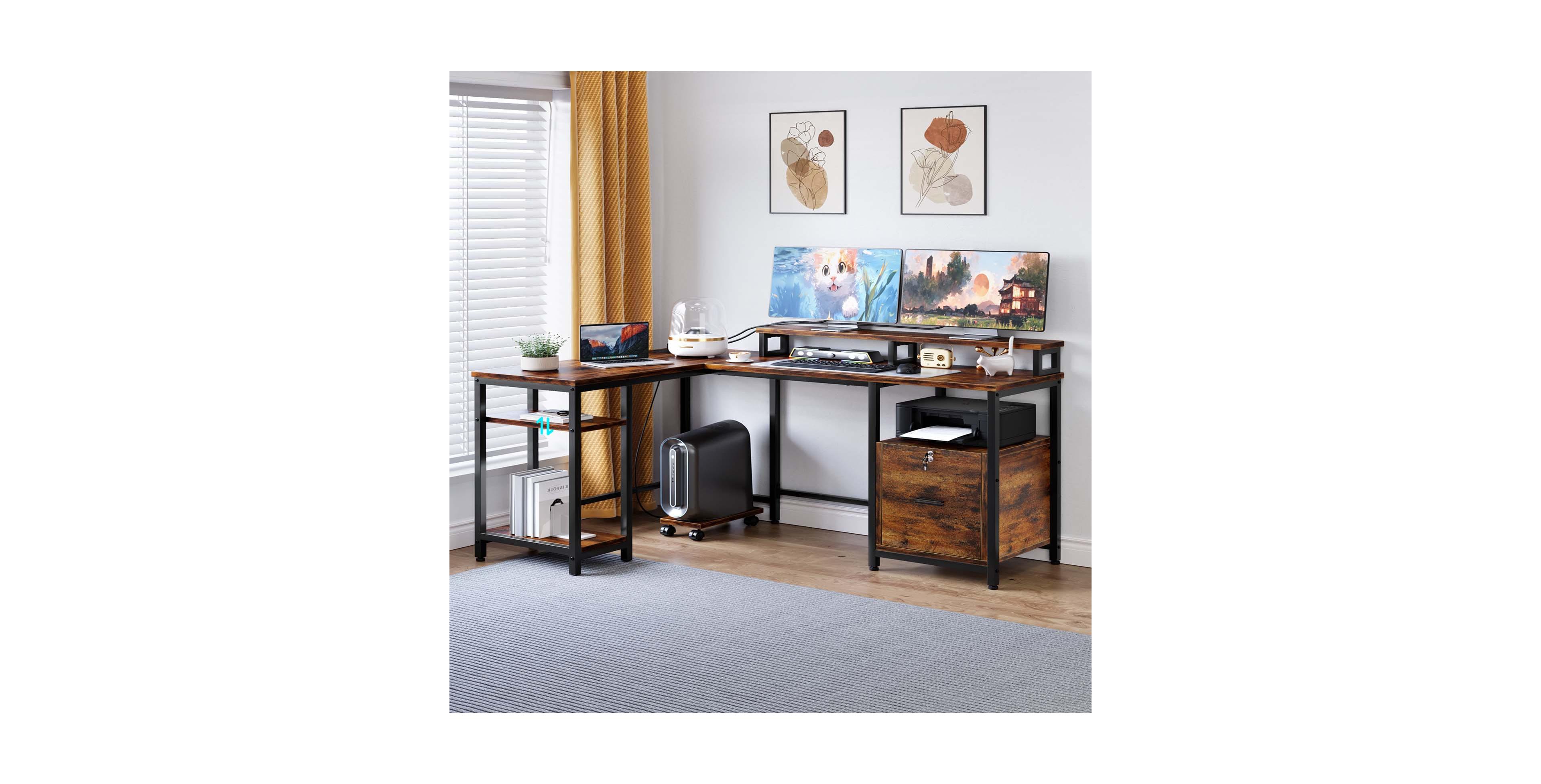 homfan L-Shaped Desk 67 Inch Corner or 95 Inch Double Computer Desk with Storage Drawers Printer Cabinet for Home Office