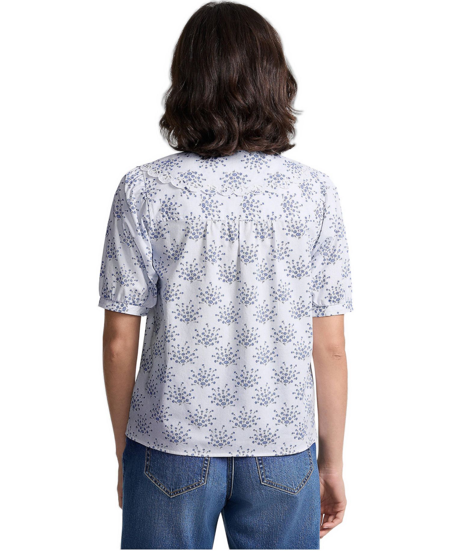 Women's Poplin Puff Sleeve Ruffle Collar Blouse