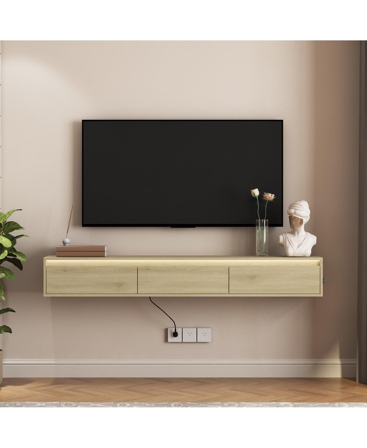Streamdale Furniture Floating Tv Stand with Led Lights, Power Outlet and High Gloss Finish - Wood