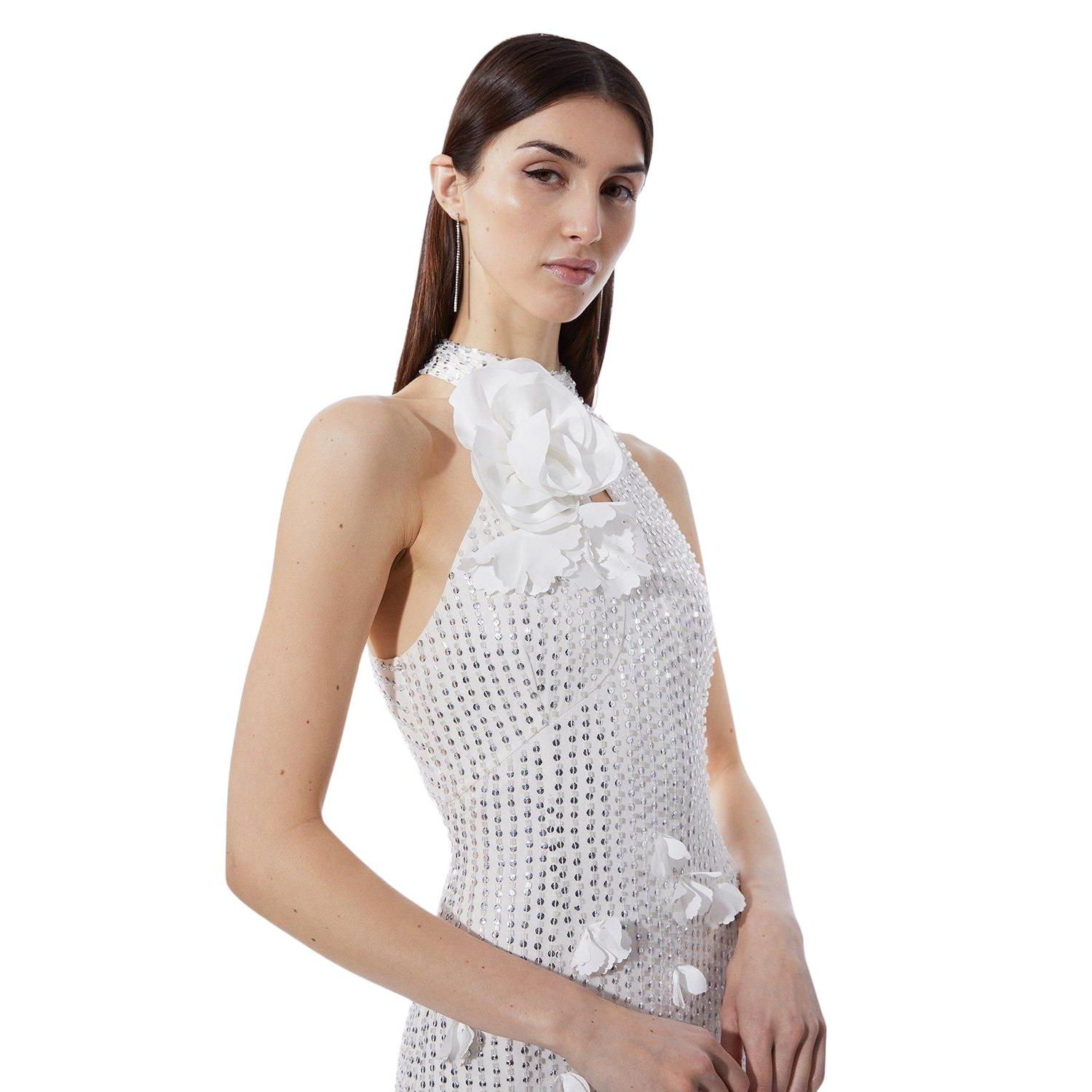 Women's Crystal Rosette Halter-Neck Maxi Dress