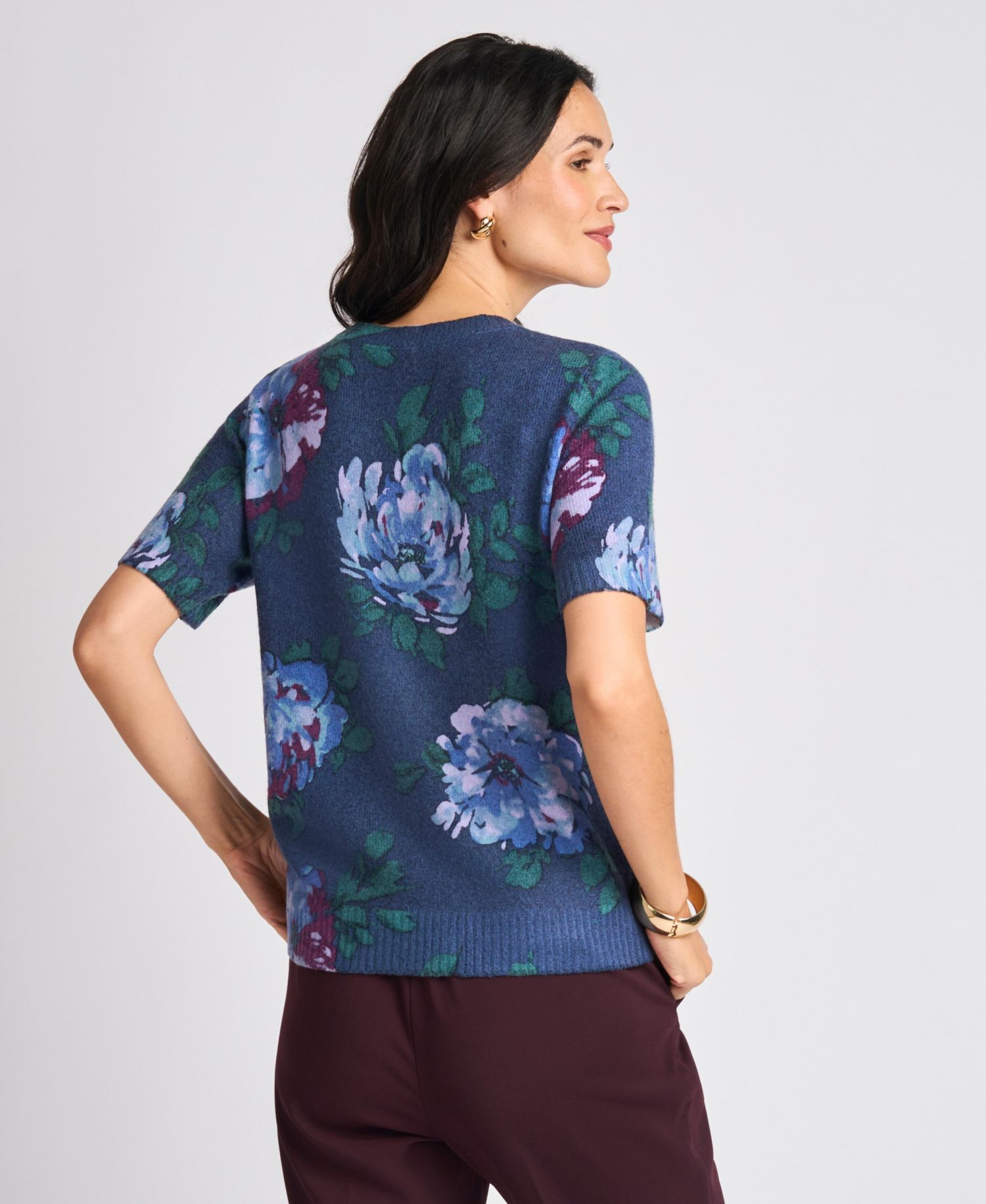 Women's Short-Sleeve Floral-Print Crewneck Sweater
