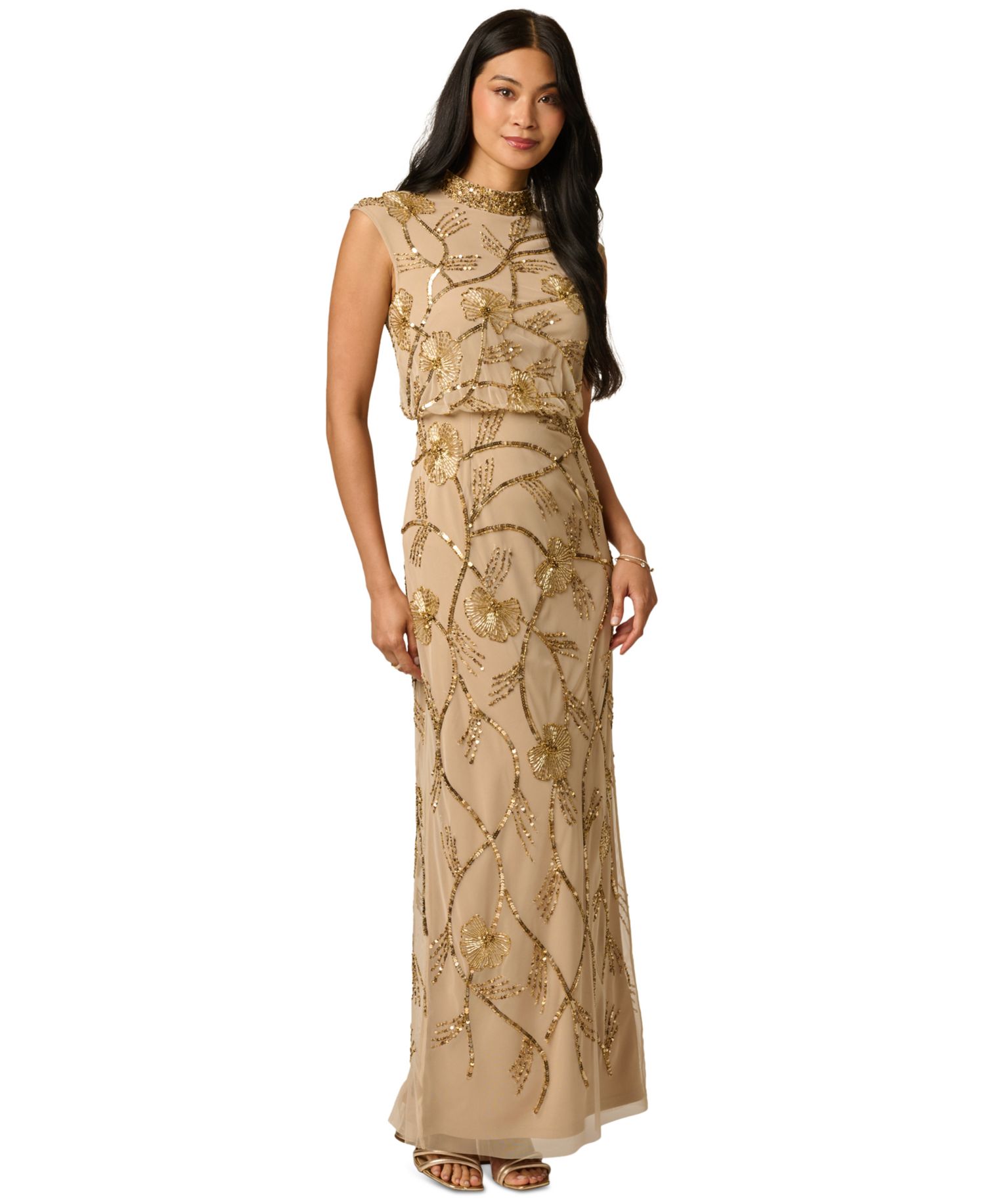 Petite Deco Floral Beaded Mock Neck Gown