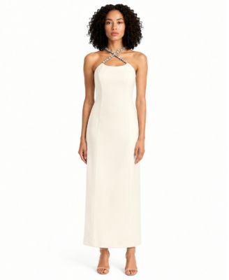 Women's Rhinestone Cross Strap Scoop-Neck Fitted Scuba Midi Dress