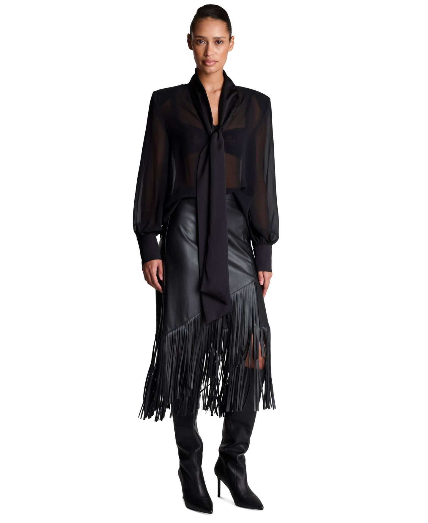 Женская блузка Kenneth Cole Tie-Neck Sheer Balloon-Sleeve, цвет: Чёрный — фото 1